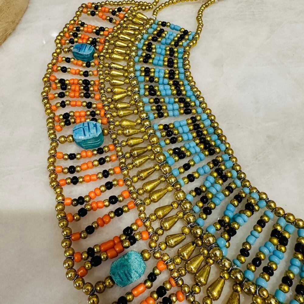 Egyptian Beaded Necklace Collar With Blue Scarabs, Cleopatra - Picture 2 of 6